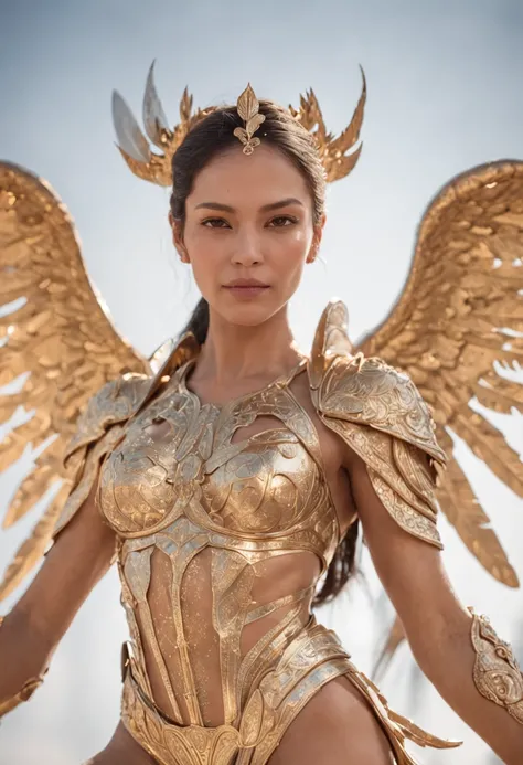 (Ultra resolution 8K), (Obra-prima ultra detalhada), "DO ANJO JUSTO": It possesses an imposing presence with majestic wings unfolding on its back., radiating an ethereal glow. Sua Armadura Celestial, composed of gold and shiny metal sheets, Hugs your body ...