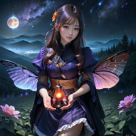 1Beautifulwoman、Vast landscape photos、（View from below with a view of the sky and the wilderness below）、Girl standing in a flower field and looking up、（fullmoon：1.2）、（shooting stars：0.9）、（nebulas：1.3）、mountain in the distance、Tree Break Production Art、(War...