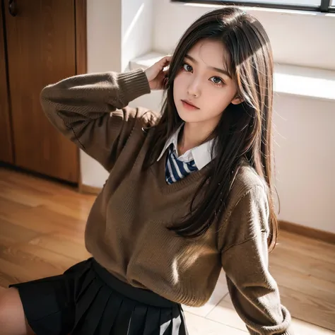 A High school girl With school Uniform loos Sweater In Black Skirt , Hair and Eyes light brown Colour , Hyper realistic High Quality image , standing