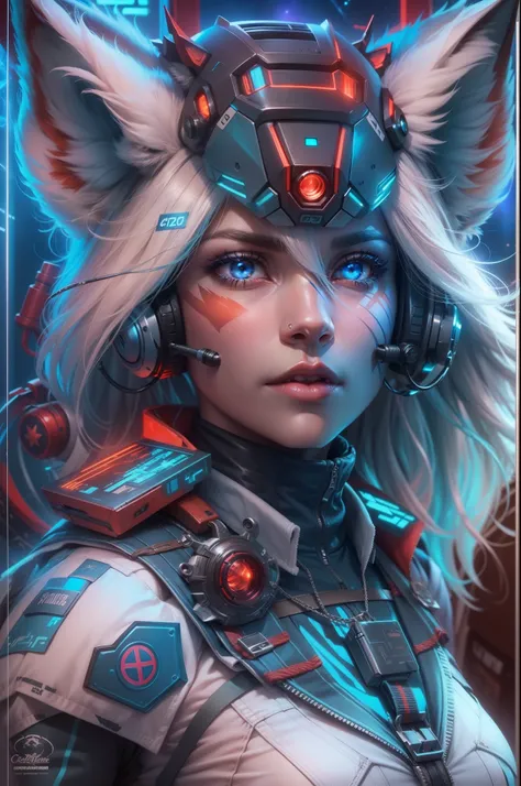 hight resolution , hyperrealistic , Viele Details , On the front, a blue and white female anthro fox Acrador Mindmachine , Krystal von starfox , fursona, mit einem schwert und roten Augen , Hintergrund : Neonlighs und Scifi Hanger mit Raumschiffen , in der...