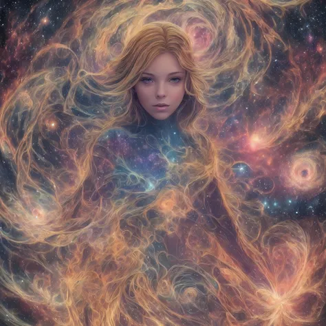 inconceivable and spectacular a scene of emergence of a FEMININe figure from the glowing cloud, fractal nebula threads, cosmic entities, celestial, cosmic, vibrant and vivid, swirls, twirling, unrealistic, high contrast, symobolism, magical, mystical, myst...