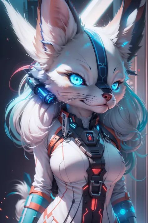 hight resolution , hyperrealistic , Viele Details , On the front, a blue and white female anthro fox Acrador Mindmachine , Krystal von starfox , fursona, mit einem schwert und roten Augen , Hintergrund : Neonlighs und Scifi Hanger mit Raumschiffen , in der...