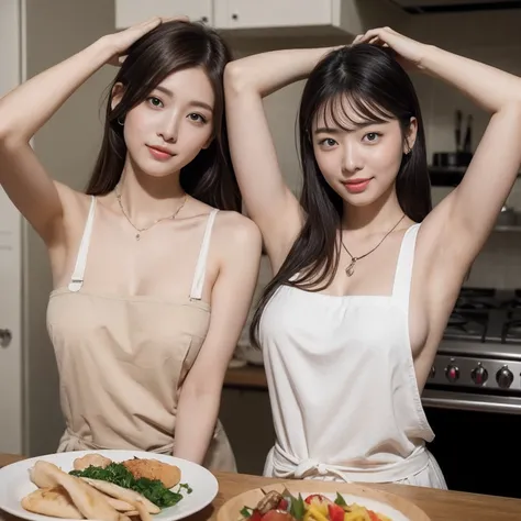 ​masterpiece、1girl、Woman in apron posing in kitchen、flawless anatomy、Beautiful Asian Woman、Symmetrical limbs、Five fingers of a person、Realistic kitchen、Apron on sexy skin、Sexy look on camera、big chest、Double eyelids、16K、maximum quality、beautiful korean wom...