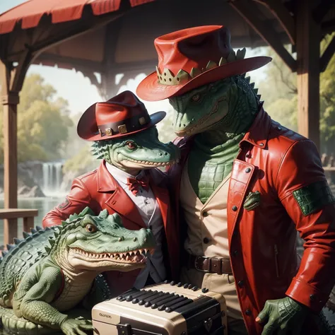 ((Crocodile with accordion, With a hat on the golva, He wears a red jacket)), Sci-fi alien crocodile, Anthropomorphic alligator, science-fiction, Sci-fi alien crocodile, Anthropomorphic crocodile, Alligator Shaman,