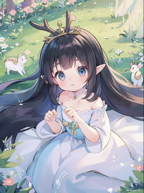 high high quality，tmasterpiece，Delicate facial features，Delicate hair，Delicate eyes，Delicate hair，animemanga girl，deer antlers，Black color hair，florals, Dreamy style, Fantastic flower garden，fantasy style clothing,Romantic dress,  beautiful and elegant elf...