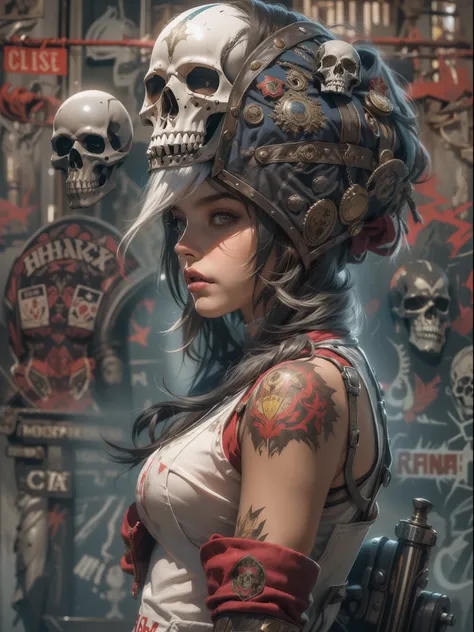 (((mulher))), (((melhor qualidade))), (((obra prima))), (((adulto))), (((1girl))), ((( corte de cabelo bob ))), ((( bonnet ))), Uma gladiadora cyberpunk mulher de 25 anos com corpo perfeito, Skull-shaped pectoral, shoulder pads with metal spines, Gladiador...