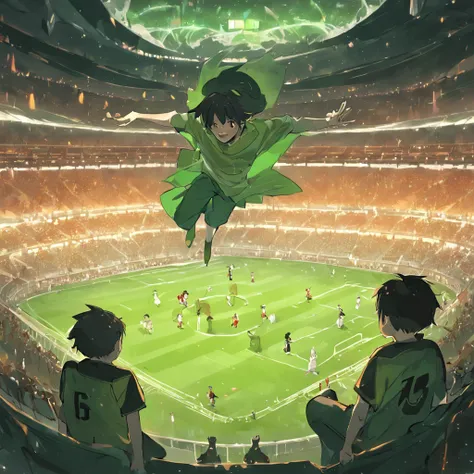 Make 4 different images (fundo com um estadio de futebol), (a very happy child being a football player) (a very happy man being a football coach) (The fans in the stadium) (The team they play for is green) (alguma imagem com o menino jogando futebol) (is t...