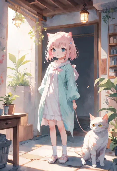 cat, fullbody,1 girl,
(pastel color:1.5),(cute illustration:1.5),(watercolor:1.2),white back ground,