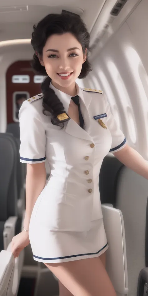 (White uniform erotic flight attendants), looks at the viewer, Smiling, Clividge, stocklings, is happy, curly black short hair, standingn, Inside the aircraft,