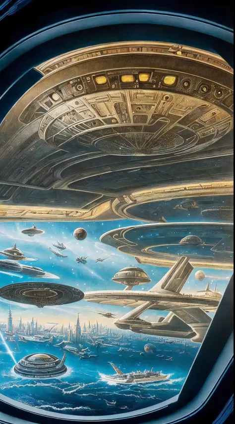 (Best Quality, tmasterpiece:1,1), Fantastic view of an alien city, through the semicircular large-format porthole of the spacecrafts cabin, ((Стиль Barclay-Shaw)), the golden ratio, Detailed Illustration, grotesque, Complicated details, chilling, (aestheti...