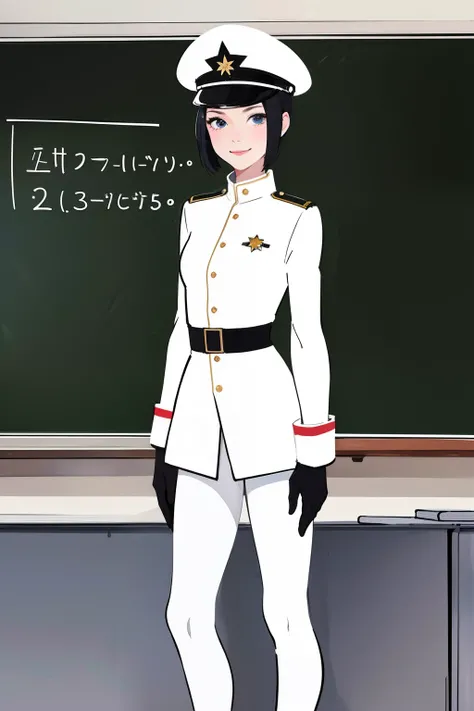 (masterpiece:1.2, best quality), 1girl, young teen, slim, white military outfit, white tights, military hat, space cadet, smile, standing by blackboard in sci-fi classroom, futuristic, anime minimalist, watercolor