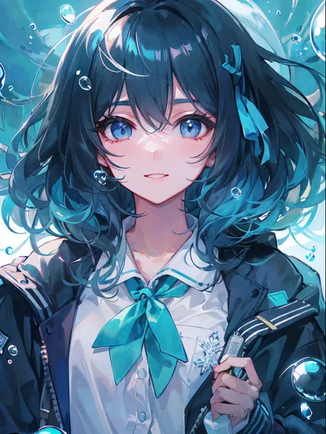 ((top-quality)), ((​masterpiece)), ((ultra-detailliert)), (extremely delicate and beautiful), girl with, 独奏, cold attitude,((Black jacket)),She is very(relax)with  the(Settled down)Looks,A dark-haired, depth of fields,evil smile,Bubble, under the water, Ai...