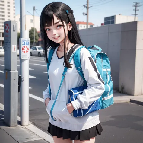 18-year-old girl，Sportswear with white stripes in blue cloth，adorable smile，Long black hair，bookbag，Cold white skin，Stylized 3D rendering，adorable digital art，Cute rendered 3d anime girl，（Exquisite facial features）（Sophisticated look)，stand posture，城市