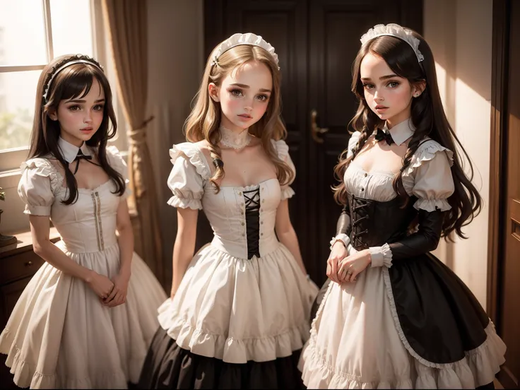 2 girls dressed as maids. The first girl is tween Emma Watson with long brunette hair. The second girl is tween Natalie Portman with very short brunette hair.