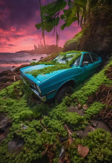 the car is crashed and cover by the seaweeds, water, plants and vines