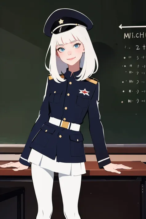 (masterpiece:1.2, best quality), 1girl, young teen, slim, white military outfit, white tights, military hat, space cadet, smile, standing by blackboard in sci-fi classroom, futuristic, anime minimalist, watercolor