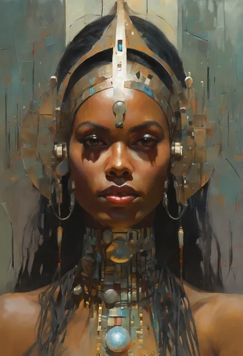 futuristic indigenous futurism,teen girl as An advanced cybernetic cyborg indian Hindu goddesses of war, sensuality,artistic details,cyberpunk hindu mythology,epic sci-fi fantasy, centered,in the style of Nick Alm fantastical futuristic fantasy composition...