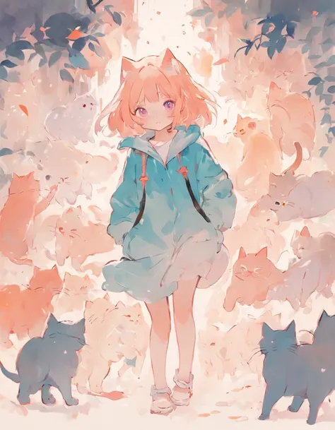 cat, fullbody,1 girl,
(pastel color:1.5),(cute illustration:1.5),(watercolor:1.2),white back ground,