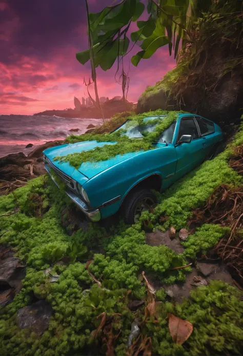 the car is crashed and cover by the seaweeds, water, plants and vines