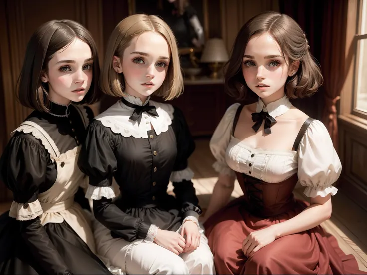 tween girls, Emma Watson with long brunette hair, and Natalie Portman with a bob haircut. Both dressed as maids. The year is 1888