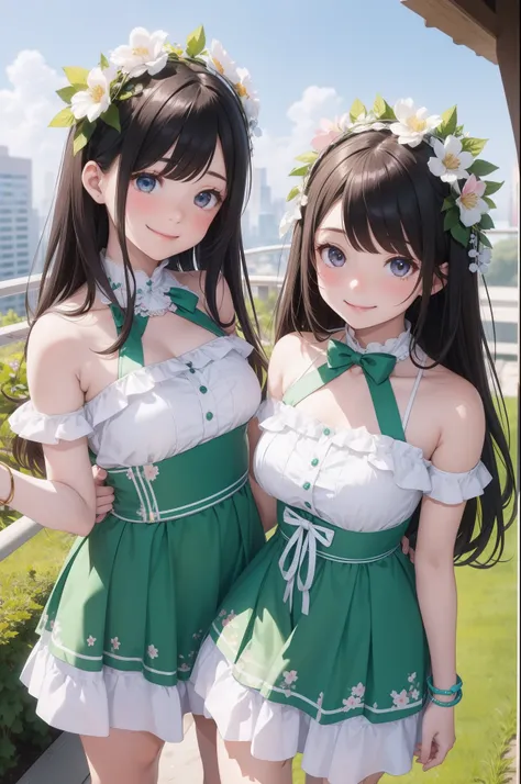 Only the smile of 2 cute girls,duo,Correct human anatomy，Milky white skin，Floral ribbon hair ornament，Underage girls，Sky gardens