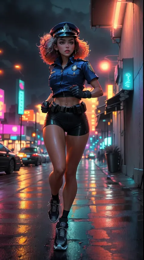 beautiful woman 1female with curly hair style in a police cap, short police clothes in the style of cyberpunk police, tanned:2 s...