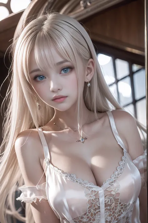 bright expression、poneyTail、Young shiny shiny white shiny skin、Best Looks、Blonde reflected light、(Platinum blonde hair with dazzling highlights)、shiny light hair,、Super long silky straight hair、Beautiful bangs that shine、Glowing crystal clear attractive bi...