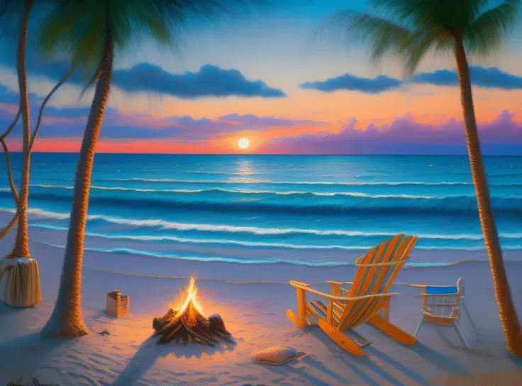 painting of a beach scene with a campfire and two chairs, sitting on the beach at night, artwork, relaxing on the beach at sunset, by Don Reichert, on the beach at sunset, serene evening atmosphere, by Rob Alexander, night on a summer miami beach, summer s...