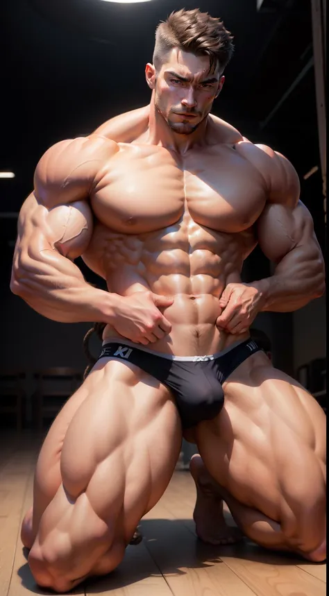 of a guy，Muscle Dad，vast pecs，Broad shoulders，Stout limbs，Tight sheer white pliers，Very little fabric，Huge crotch bulge，Naked upper body，The thighs are unobstructed from the base to the feet，（split），（Hands behind your back），Extend your crotch forward，facin...