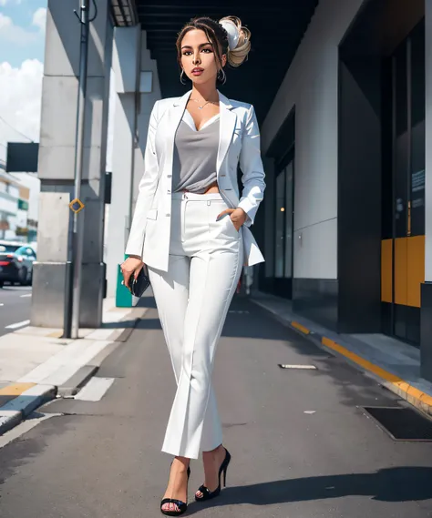 Doctor in a white coat in her 20s, (rosto perfeito), Full-body jaw standing, (belos olhos castanhos), Black high heels scarpin closed beautiful lips, (penteado castanho), (perfect hands), (camisa preta sob jaleco branco: 1.2), (black flare pants), olhando ...