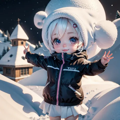 Cute baby chibi anime,Venus,The best smile,cabelos preto e longos，Cold white skin，Stylized 3D rendering，adorable digital art，Cute rendered 3d anime girl，（Exquisite facial features）（Sophisticated look）Ski wear，snow landscape，Ski slopes