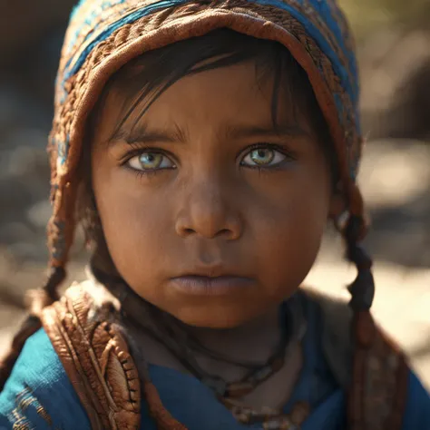 a photo of a child with blue eyes looking at herself, in the style of light indigo and dark amber, realistic hyper-detailed rendering, 32k uhd, orientalist, idealized native americans, intense close-ups, romantic fantasy --ar 7:8 --s 750 --v 5.2