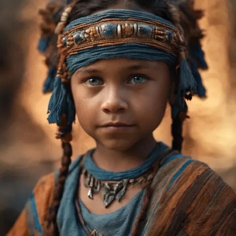 a photo of a child with blue eyes looking at herself, in the style of light indigo and dark amber, realistic hyper-detailed rendering, 32k uhd, orientalist, idealized native americans, intense close-ups, romantic fantasy --ar 7:8 --s 750 --v 5.2