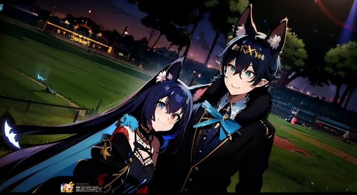 anime characters dressed in black and blue standing in a field, vrchat, hidari and vlop, one blue ) and huge bat ears, nixeu and sakimichan, second life avatar, john egbert, blue and black, with blue skin, sakimichan and frank franzzeta, tumblr, imvu, happ...