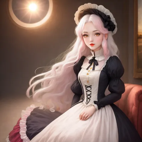 Girl with long white hair, Victorian dress, sun yellow eyes and pink lips