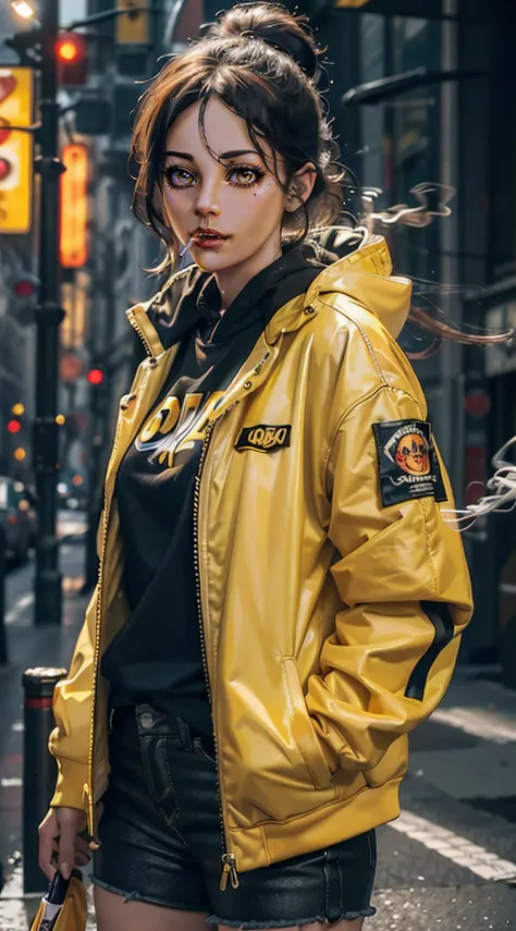 araffe woman in yellow jacket standing on street corner with umbrella, she bite a cigarette,  tobacco, do smoking, wearing cyberpunk 2 0 7 7 jacket, cyberpunk streetwear, she is wearing streetwear, glossy yellow, streetwear fashion, woman in streetwear, we...