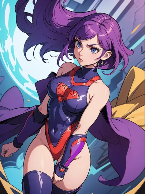 "An extraordinary masterpiece with the highest quality, showcasing a powerful superhero in a sleek leotard, bare legs, and matching boots. The superhero has stunning purple bob hair and is demonstrating their incredible powers.", age 22, solo