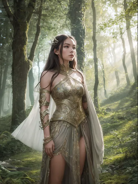 "Astrid, a mesmerizing mix of beauty and strength, adorned in intricate armor, standing proudly in a mystical forest, bathed in soft ethereal light."