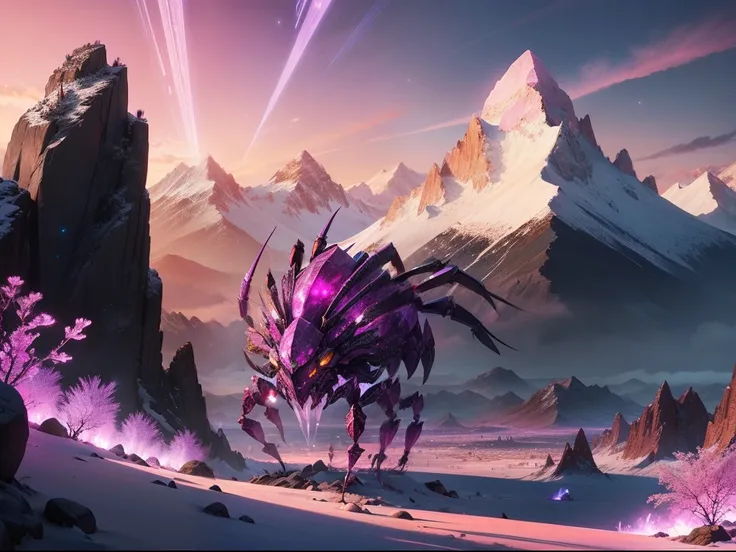 crystal scorpion, pink and purple, fantasy monster, mountain background