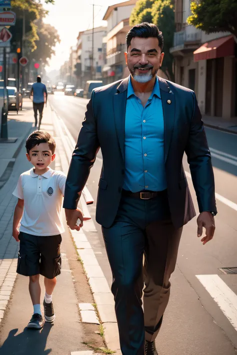 Create man with the figure of a father He is teaching the son by example, caminhando em uma estrada bem iluminada, He is happy to be an example for his son, Ultra realista, qualidade 8k, FullHD