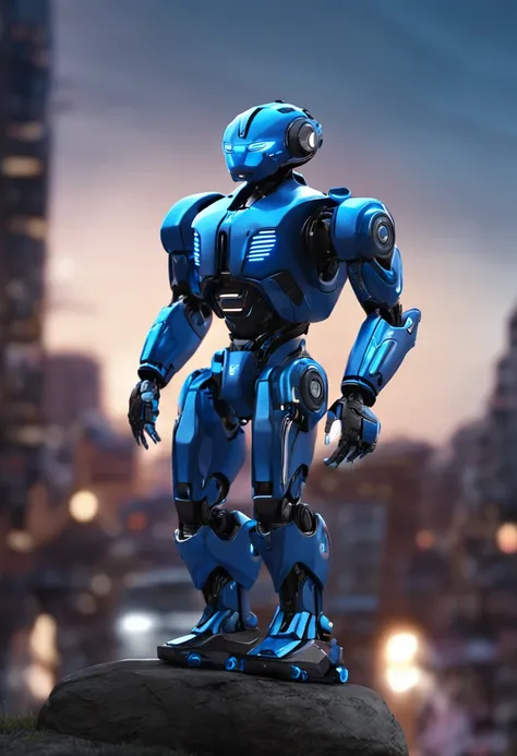 Create an ultra-realistic blue mini robot, segurando e um planeta circular, com efeitos de neon e um fundo super realista escuro