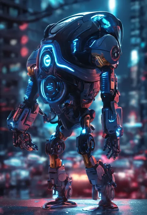 Create an ultra-realistic blue mini robot, segurando e um planeta circular, com efeitos de neon e um fundo super realista escuro