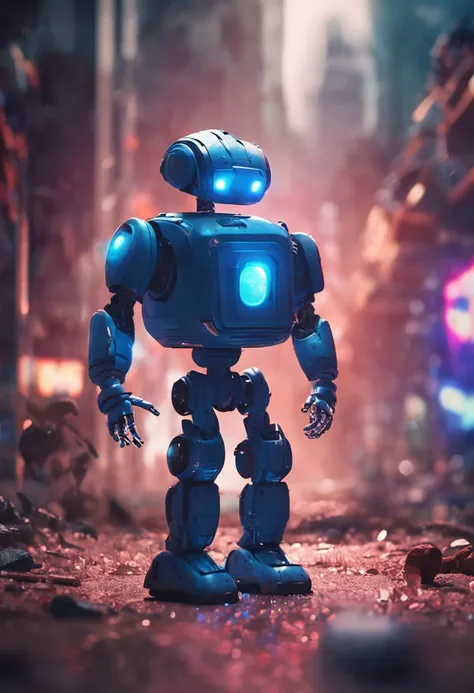 Create an ultra-realistic blue mini robot, segurando e um planeta circular, com efeitos de neon e um fundo super realista escuro