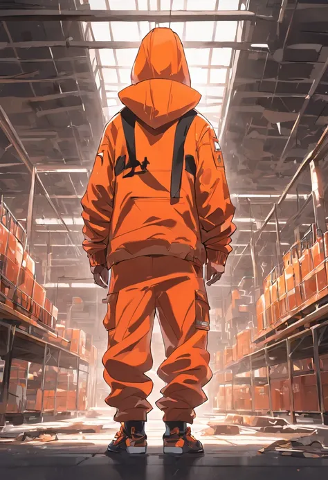 Bob eggletons style full body illustration of a worker in silhouette, homeDepot, wearing a hoodie hip hop clothing & orange home depot apron in a Wearhouse, graffiti, vector, logo design, minimalistic design, well-defined lines, perfectly drawn, rtx, UHD, ...