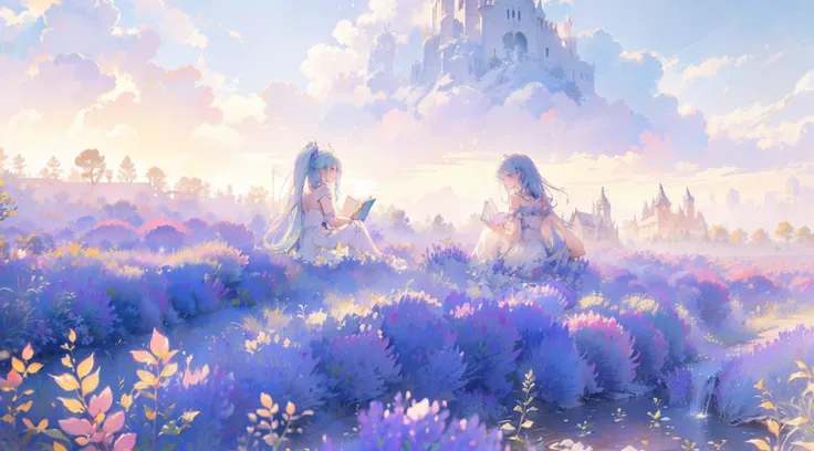 two anime girls sitting in the field of lavender in front of fantasy castle, one with white haired long braids and wearing blue ...