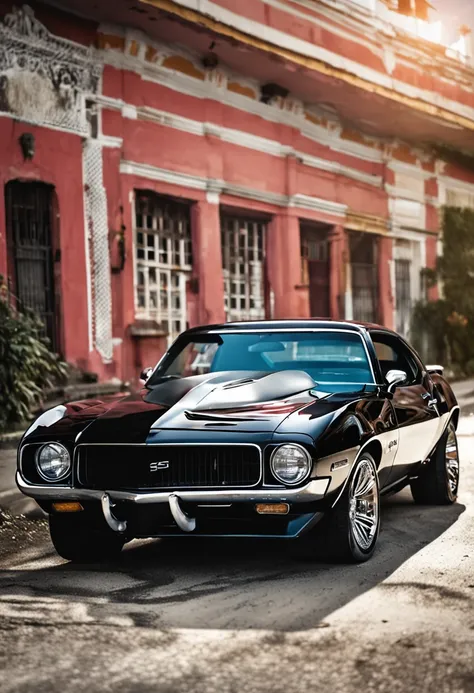 Um elegante, Camaro SS preto com acabamento brilhante, rugindo por uma estrada sinuosa de montanha.