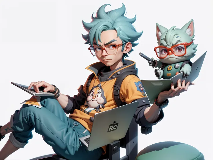 A young man with glasses sits at his desk，holding laptop，digitial painting，3D character design by Mark Clairen and Pixar and Hayao Miyazaki and Akira Toriyama，4K HD illustration，Very detailed facial features and cartoon-style visuals。