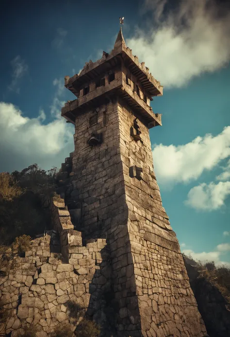 humanoid dragon high in a stone tower with dark oak roof, cuspindo fogo em um vilarejo medieval de cor dourado, cercado por uma muralha rustica de ouro puro e detalhes de pedras negras