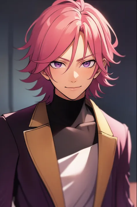 kohaku oukawa, pink hair, purple eyes, portrait, wearing black tshirt, solo male, young male, white jacket with yellow lines,  short hair, kohaku, big purple eyes