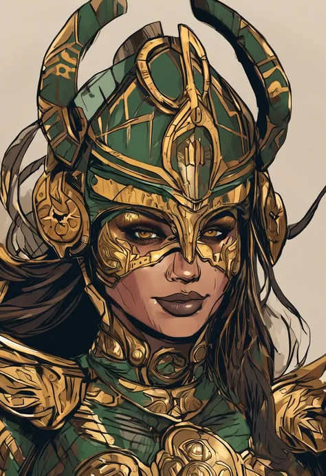 Close-up of a woman with a helmet and green eyes, dark mask, cartoon style, great armor, warrior of the sun, Masterpiece, Best quality, ultra detailed, black outfit, beautiful, gold bracelets, gold armor, ceremonial face paint, muscular, well-proportioned,...